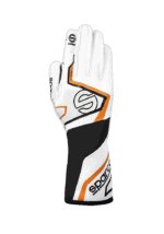 Sparco racing glove designed for motorsport, featuring white, black, and orange accents for optimal grip and protection.