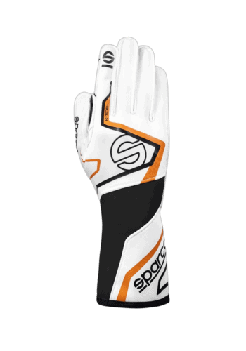 Sparco racing glove designed for motorsport, featuring white, black, and orange accents for optimal grip and protection.
