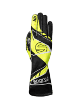 High-performance Sparco racing glove in black and yellow with grip details, designed for motorsport safety and comfort.
