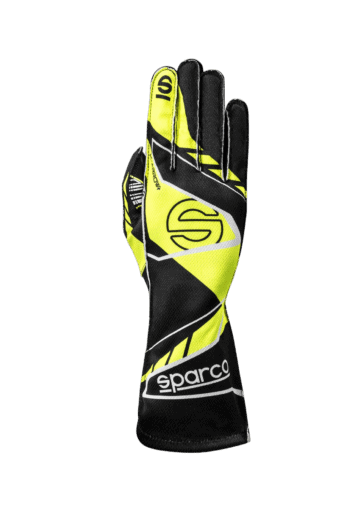 High-performance Sparco racing glove in black and yellow with grip details, designed for motorsport safety and comfort.