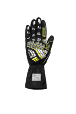 Black and yellow Grand Prix Racewear racing glove with protective padding and grip details for motorsport safety.