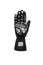 Black Grand Prix Racewear racing glove with white geometric patterns for motorsport safety and grip.
