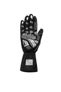 Black Grand Prix Racewear racing glove with white geometric patterns for motorsport safety and grip.