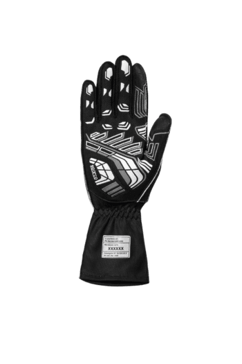 Black Grand Prix Racewear racing glove with white geometric patterns for motorsport safety and grip.