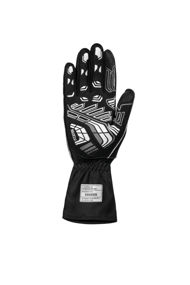 Black Grand Prix Racewear racing glove with white geometric patterns for motorsport safety and grip.