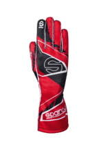 Red and black Sparco racing glove designed for motorsport safety and performance.