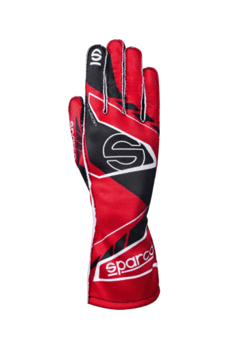 Red and black Sparco racing glove designed for motorsport safety and performance.