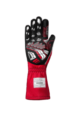 High-performance Grand Prix Racewear racing glove with black, red, and white design, featuring protective padding and grip enhancements for motorsport racing.