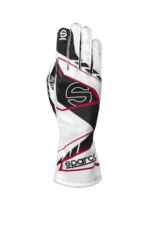 High-quality Grand Prix Racewear racing glove with black, white, and red design, featuring Sparco branding for motorsport enthusiasts.