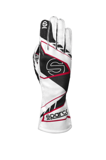 High-quality Grand Prix Racewear racing glove with black, white, and red design, featuring Sparco branding for motorsport enthusiasts.