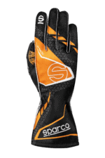 High-performance Sparco racing glove with black and orange design, ideal for motorsport enthusiasts and professional drivers.