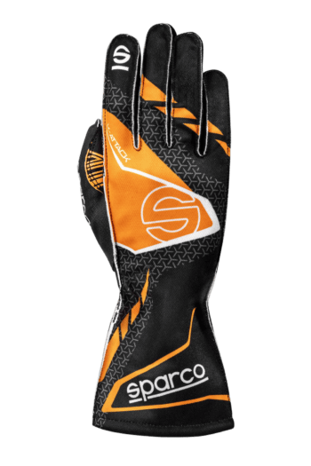 High-performance Sparco racing glove with black and orange design, ideal for motorsport enthusiasts and professional drivers.