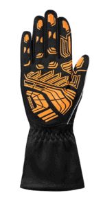 Grand Prix Racewear racing glove with black and orange design, high grip palm, and flexible fit for motorsport enthusiasts.