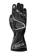 Black and white Grand Prix Racewear racing glove with Sparco branding, designed for motorsport enthusiasts and professional drivers.