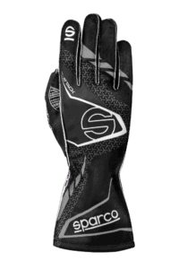 Black and white Grand Prix Racewear racing glove with Sparco branding, designed for motorsport enthusiasts and professional drivers.