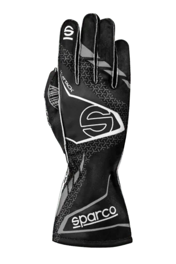 Black and white Grand Prix Racewear racing glove with Sparco branding, designed for motorsport enthusiasts and professional drivers.