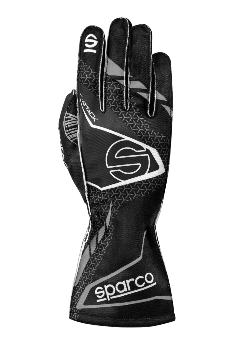 Black and white Grand Prix Racewear racing glove with Sparco branding, designed for motorsport enthusiasts and professional drivers.