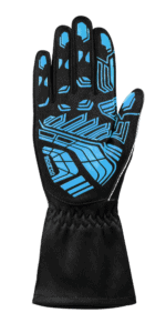 Close-up of a Grand Prix Racewear racing glove with blue and black design, highlighting grip and flexibility features.
