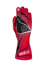 Red and black Sparco racing glove with protective padding and grip details, designed for motorsport drivers.