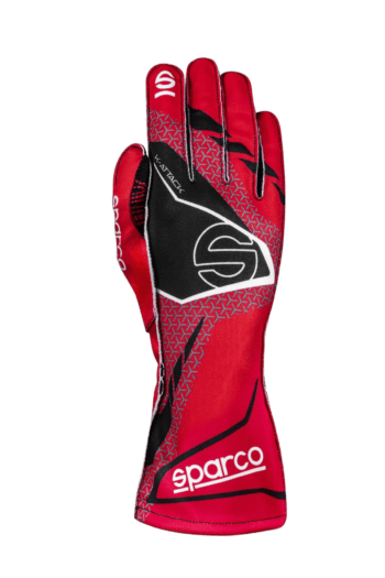 Red and black Sparco racing glove with protective padding and grip details, designed for motorsport drivers.
