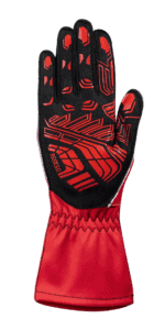 Close-up of a Grand Prix Racewear racing glove with red and black design, highlighting grip and comfort features.