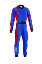 Grand Prix Racewear racing suit in blue with red and black accents, designed for motorsport drivers, featuring Sparco branding and a secure fit.