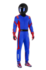 Professional racing driver in blue and red Grand Prix Racewear suit with helmet and gloves, ready for motorsport competition.