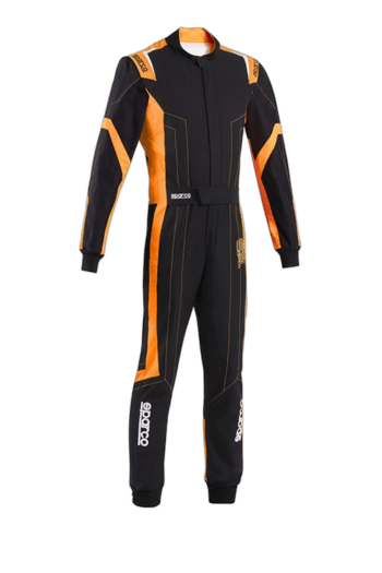 Grand Prix Racewear racing suit in black and orange, designed for motorsport enthusiasts and professional drivers.