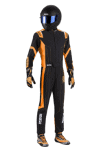Grand Prix Racewear racing suit with helmet, designed for motorsport safety and performance, featuring black and orange colours.