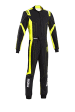 Grand Prix Racewear racing suit in black with yellow accents, designed for motorsport safety and performance.