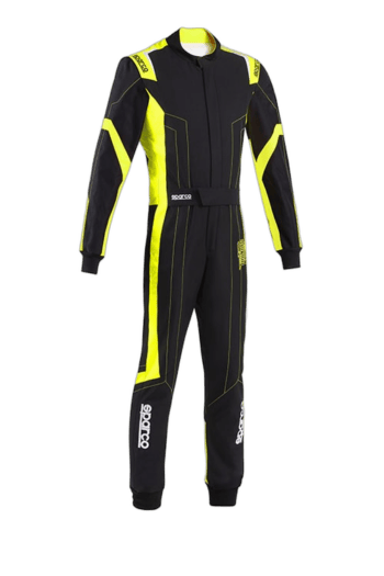 Grand Prix Racewear racing suit in black with yellow accents, designed for motorsport safety and performance.