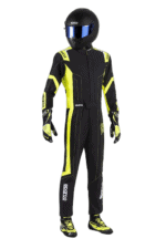 Grand Prix Racewear racing suit with helmet, designed for motorsport safety and performance, featuring black and yellow colours.