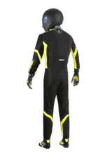 Grand Prix Racewear racing suit with helmet, designed for motorsport safety and performance, featuring black and yellow accents.