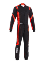 Grand Prix Racewear racing suit in black and red with protective padding, designed for motorsport drivers for safety and performance.