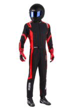 Grand Prix Racewear racing suit with helmet, designed for motorsport safety and performance, featuring black and red colours and high-quality materials.