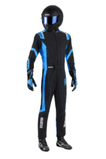 Grand Prix Racewear racing suit with helmet, designed for motorsport safety and performance, featuring black and blue colours with branding details.