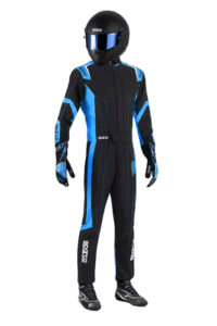 Grand Prix Racewear racing suit with helmet, designed for motorsport safety and performance, featuring black and blue colours with branding details.