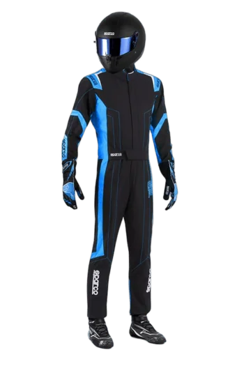 Grand Prix Racewear racing suit with helmet, designed for motorsport safety and performance, featuring black and blue colours with branding details.