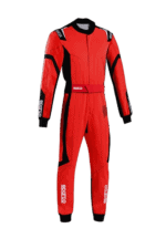 Red and black Grand Prix racing suit by Sparco, designed for professional motorsport drivers, featuring protective padding and aerodynamic fit.