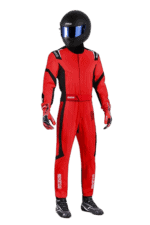 Professional racing driver in red Grand Prix Racewear suit with black accents, wearing a black helmet with blue visor, ready for motorsport competition.