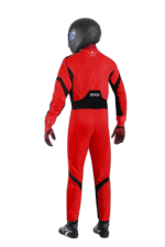 Red Grand Prix Racewear racing suit with black accents, designed for motorsport safety and performance, shown with a black helmet.