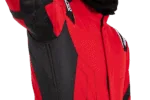 Close-up of a professional racing suit in red and black, designed for motorsport safety and performance.
