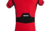 Red Grand Prix Racewear racing suit with black accents and Sparco logo, designed for professional motorsport drivers.