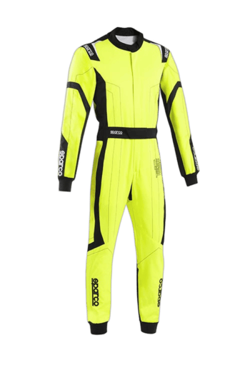 High-visibility yellow and black Grand Prix Racewear racing suit for motorsport enthusiasts and professionals.