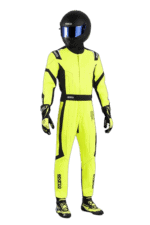 High-visibility yellow racing suit with black accents, helmet, and gloves, designed for motorsport safety and performance.