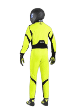 High-visibility yellow Grand Prix Racewear racing suit with black accents, helmet, and gloves for motorsport safety and performance.
