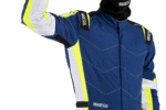 Grand Prix Racewear racing suit in blue with yellow and white accents, designed for motorsport safety and performance.