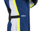 Close-up of a blue and white racing suit with yellow accents from Grand Prix Racewear, designed for motorsport safety and performance.