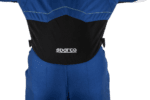 Close-up of a racing driver suit with Sparco logo, blue and black colours, designed for Grand Prix racewear.
