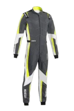 Grand Prix Racewear racing suit in black, grey, and neon yellow with protective padding, designed for motorsport drivers.